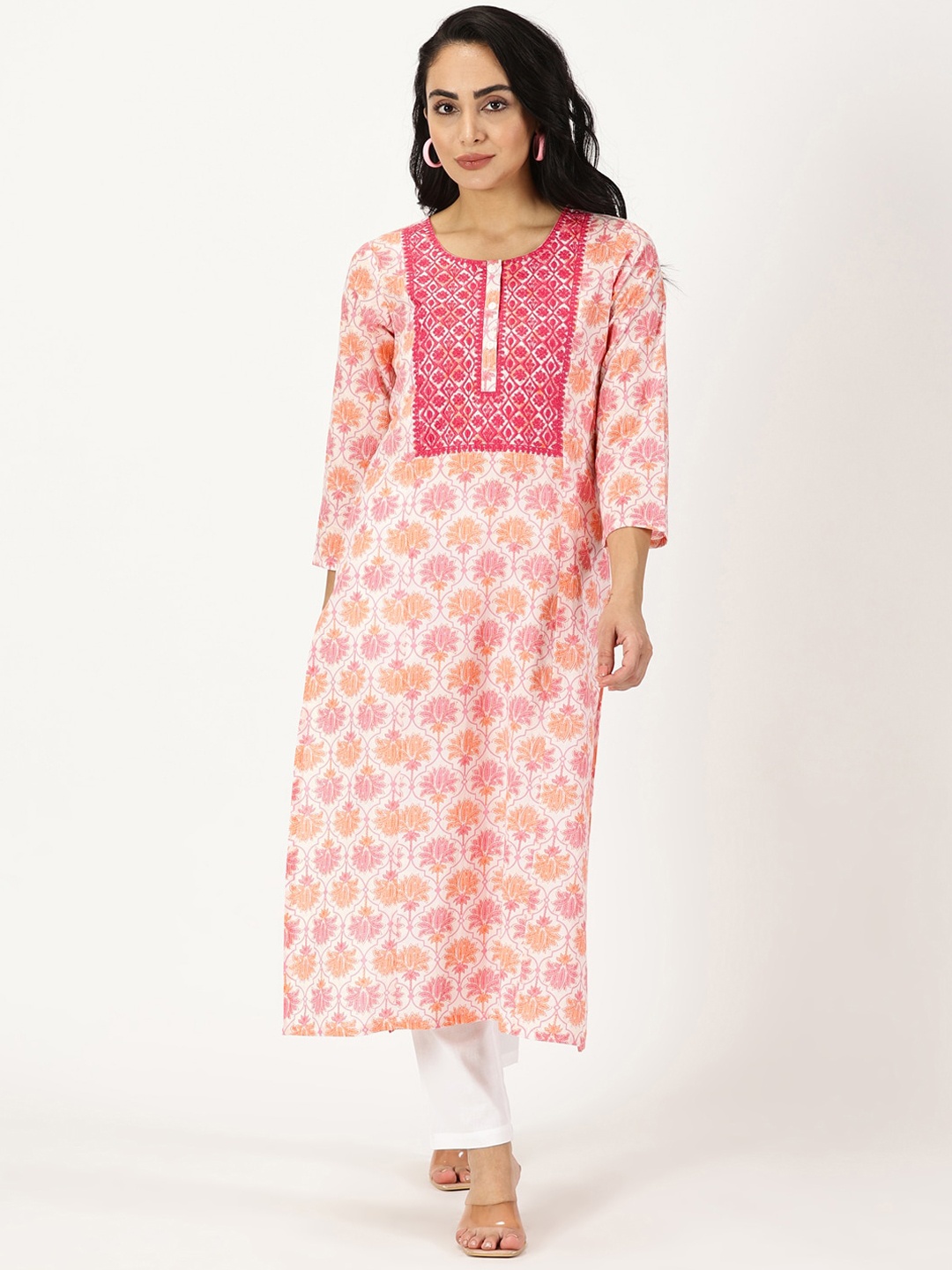 

Saffron Threads Floral Printed Thread Work Pure Cotton Straight Kurta, White