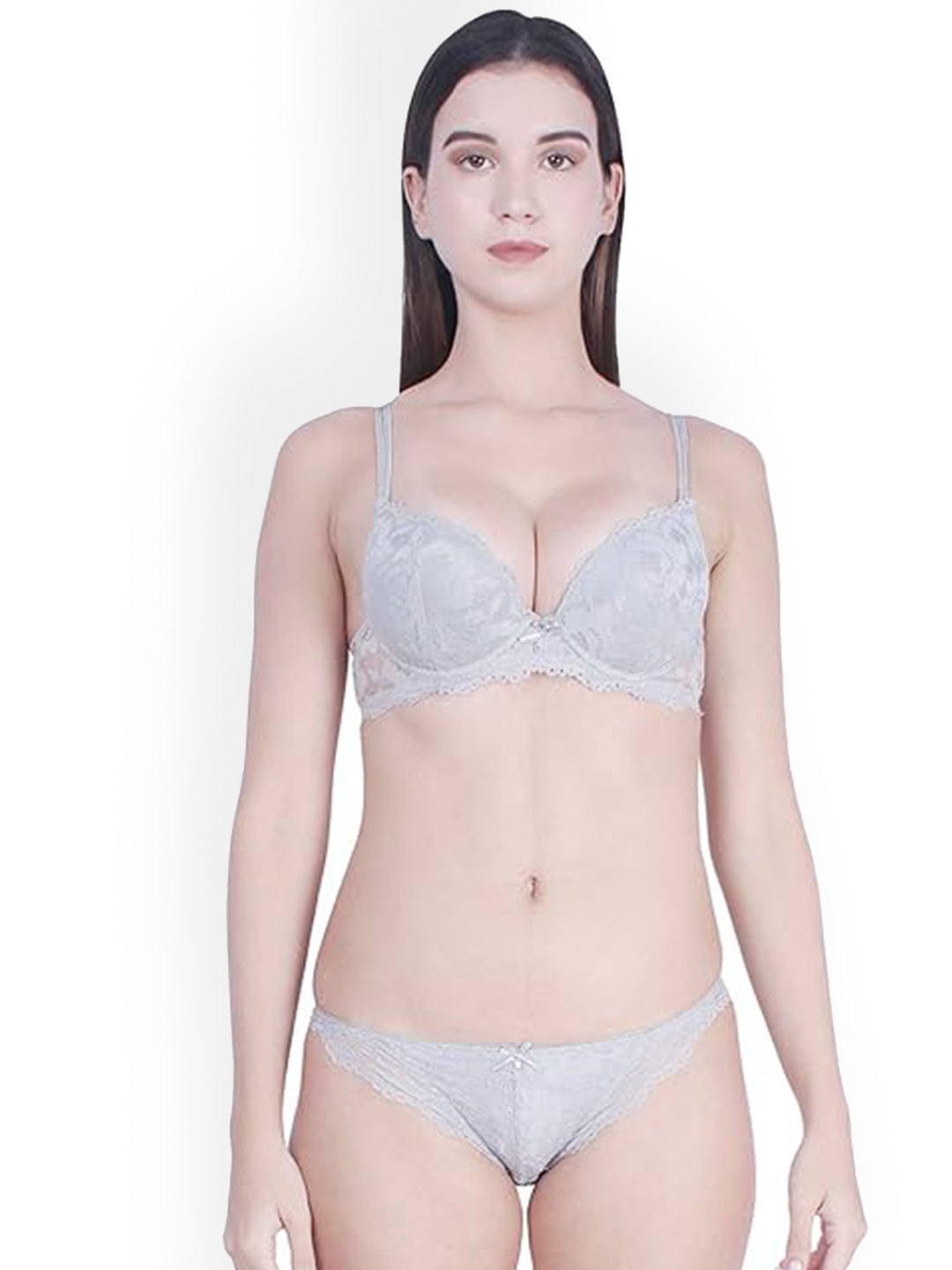 

BRACHY Lace Heavily Padded Push Up Bra With Low-Rise Brief, Grey