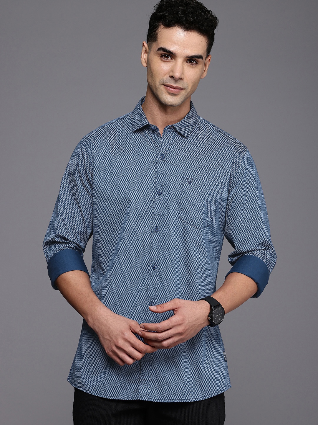

Allen Solly Pure Cotton Custom Fit Opaque Printed Casual Shirt, Navy blue