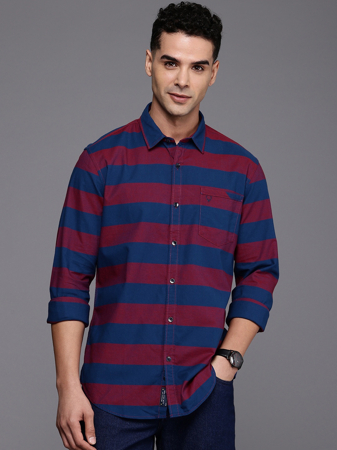 

Allen Solly Custom Fit Horizontal Stripes Opaque Casual Shirt, Blue