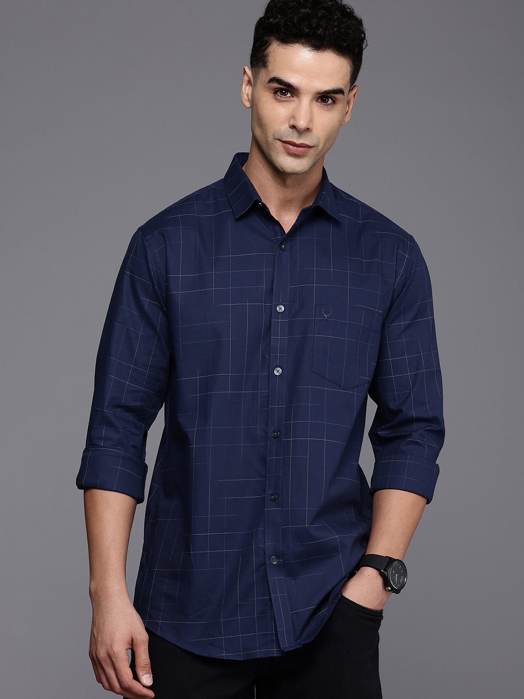 

Allen Solly Pure Cotton Sport Fit Opaque Checked Casual Shirt, Navy blue
