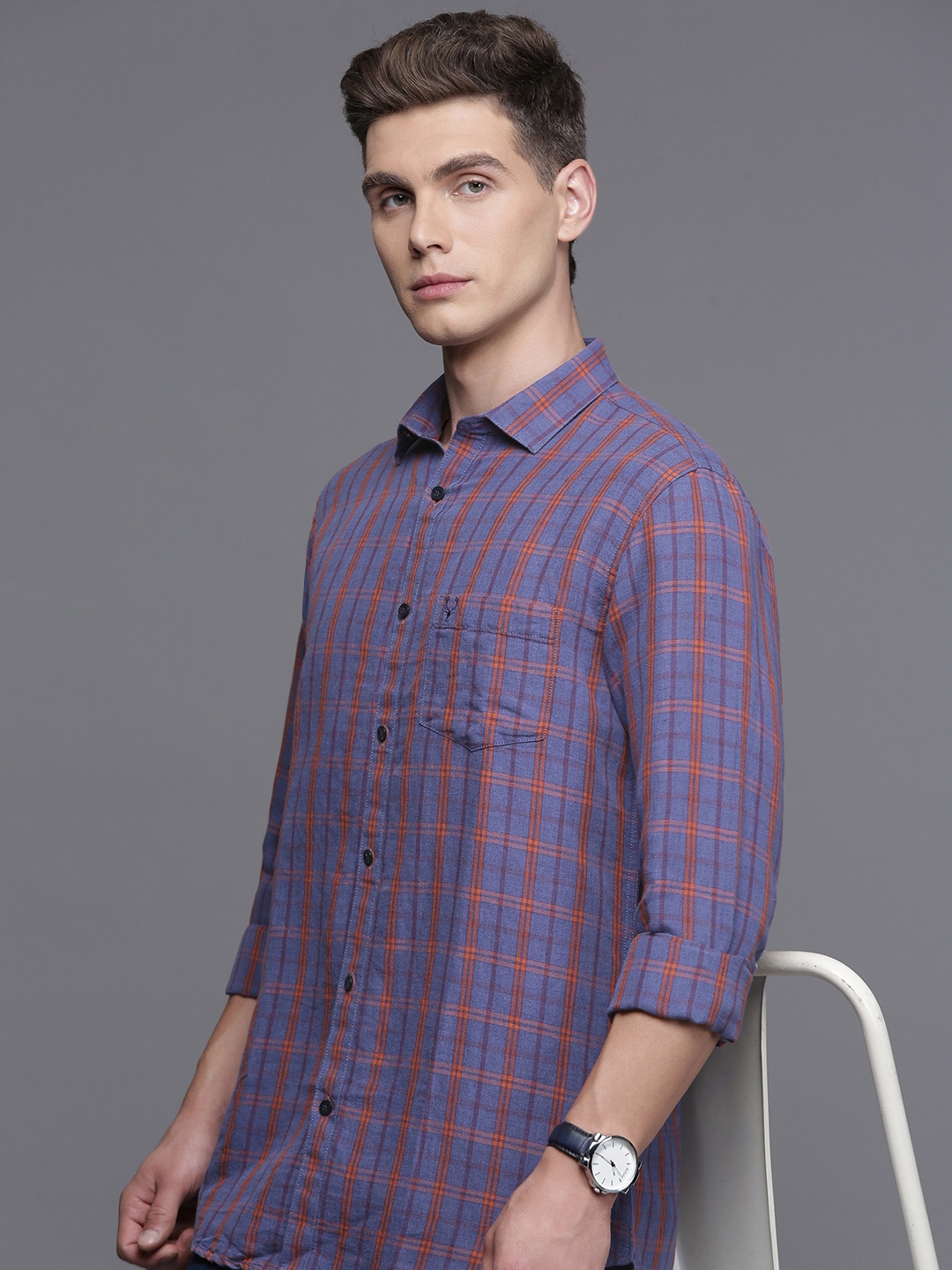 

Allen Solly Cotton Linen Sport Opaque Checked Casual Shirt, Navy blue