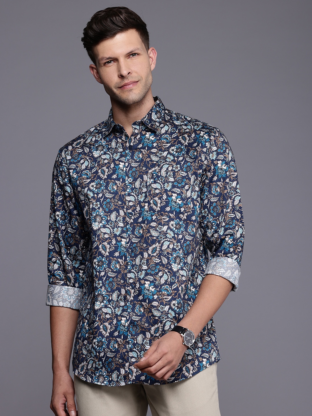 

Allen Solly Sport Floral Opaque Printed Pure Cotton Casual Shirt, Navy blue