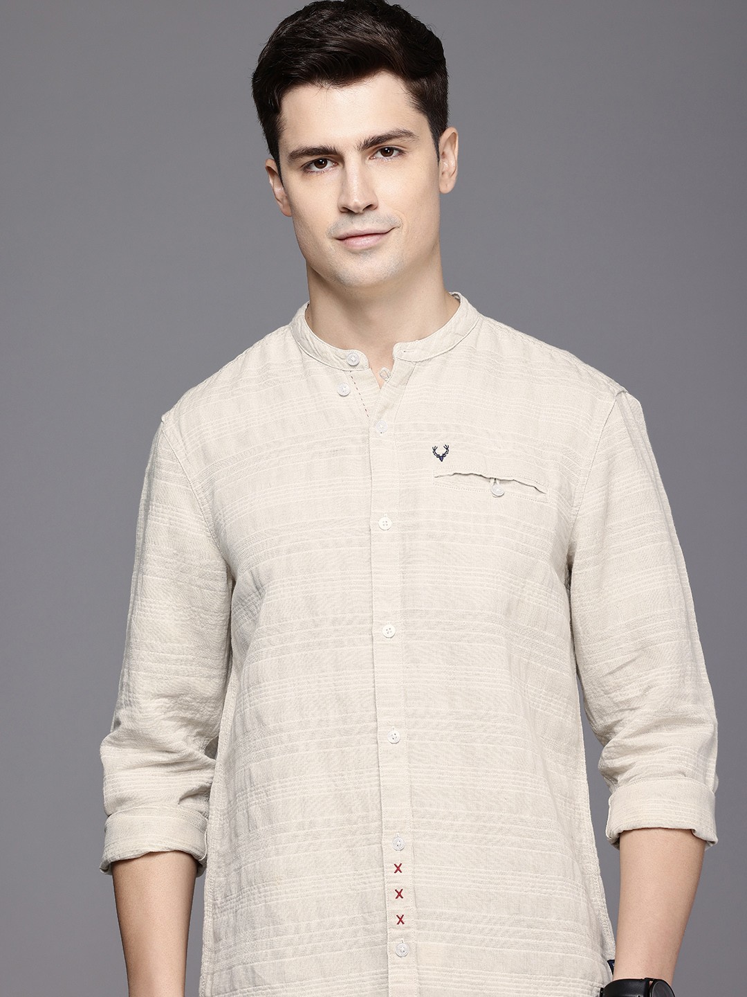 

Allen Solly Cotton Linen Custom Fit Self Horizontal Stripes Opaque Casual Shirt, Beige