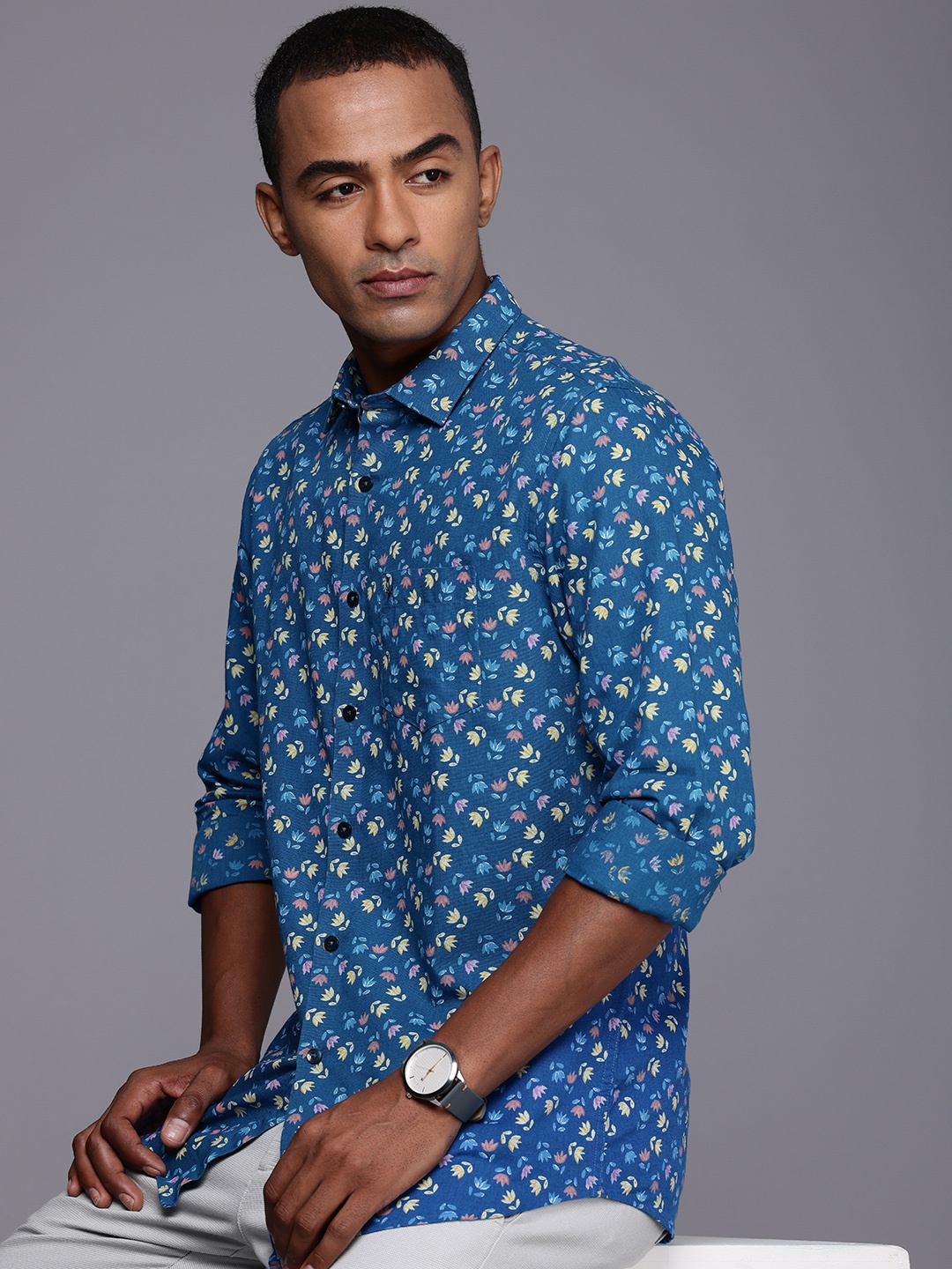 

Allen Solly Cotton Linen Classic Fit Floral Printed Casual Shirt, Blue