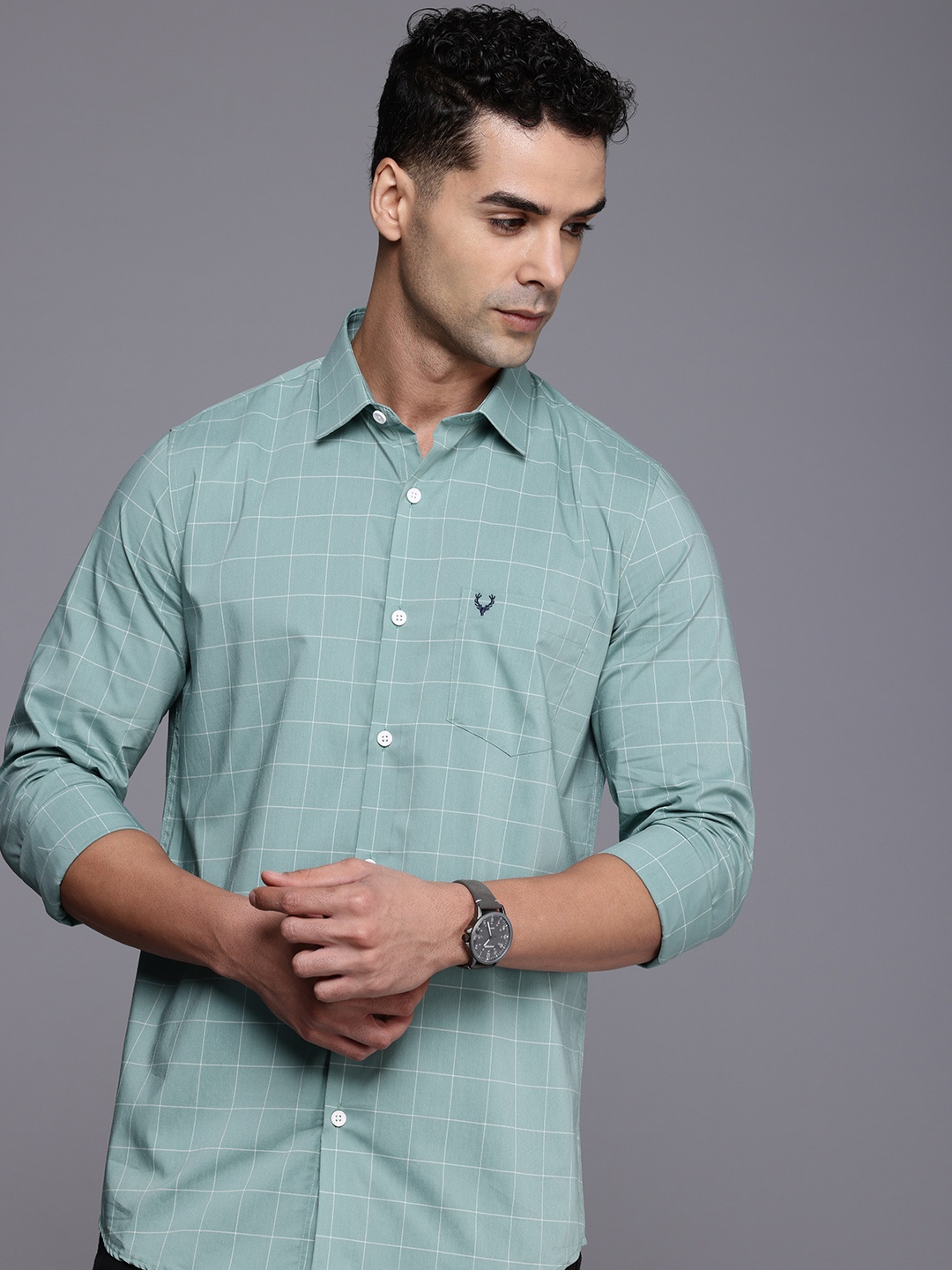 

Allen Solly Modern Fit Windowpane Checks Opaque Casual Shirt, Green