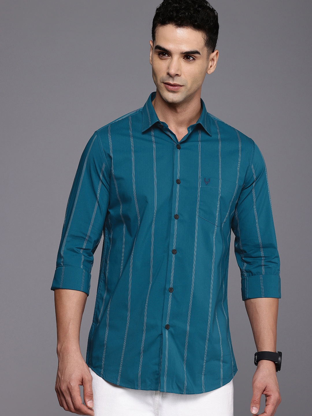 

Allen Solly Modern Slim Fit Opaque Striped Casual Shirt, Teal
