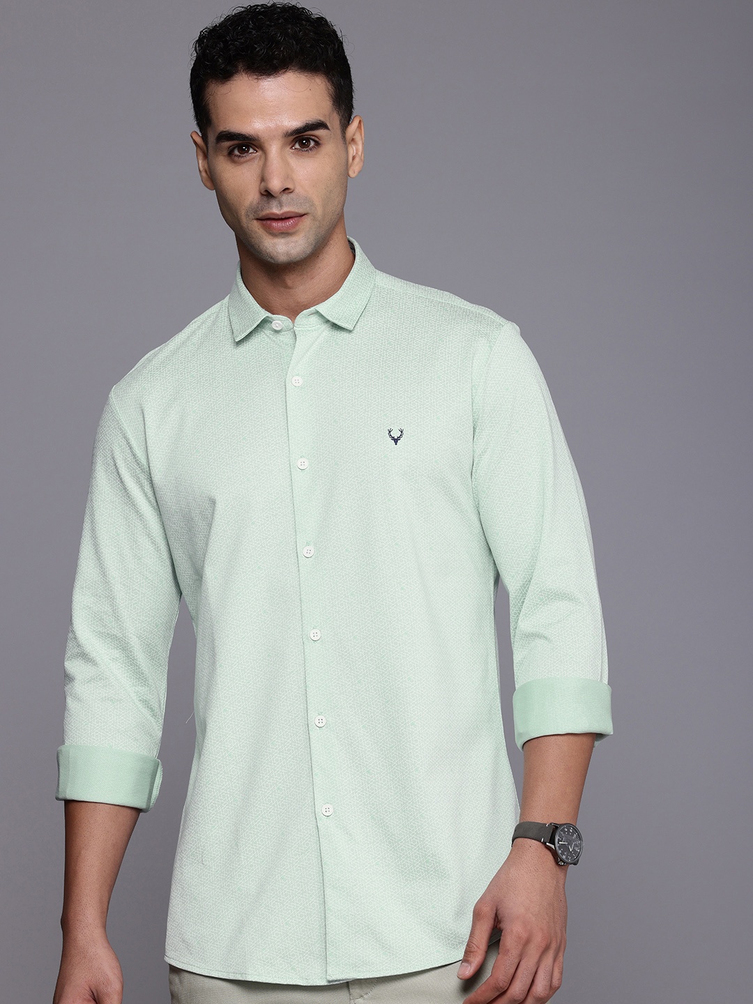 

Allen Solly Pure Cotton Comfy Slim Fit Geometric Printed Casual Shirt, Green