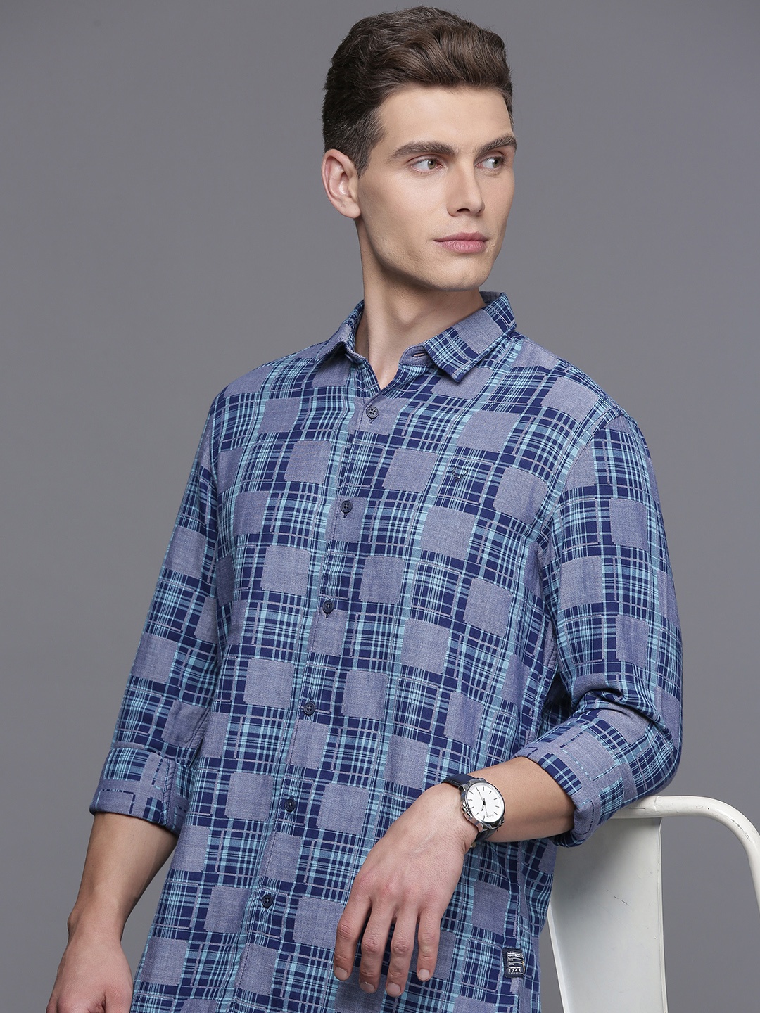 

Allen Solly Pure Cotton Custom Fit Checked Casual Shirt, Navy blue