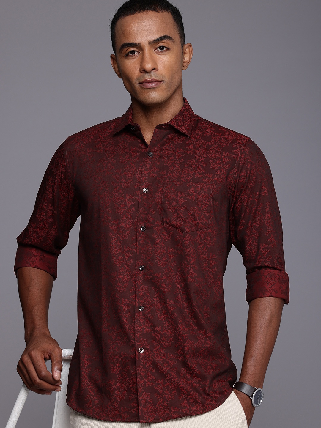 

Allen Solly Pure Cotton Sport Fit Floral Self Design Casual Shirt, Maroon