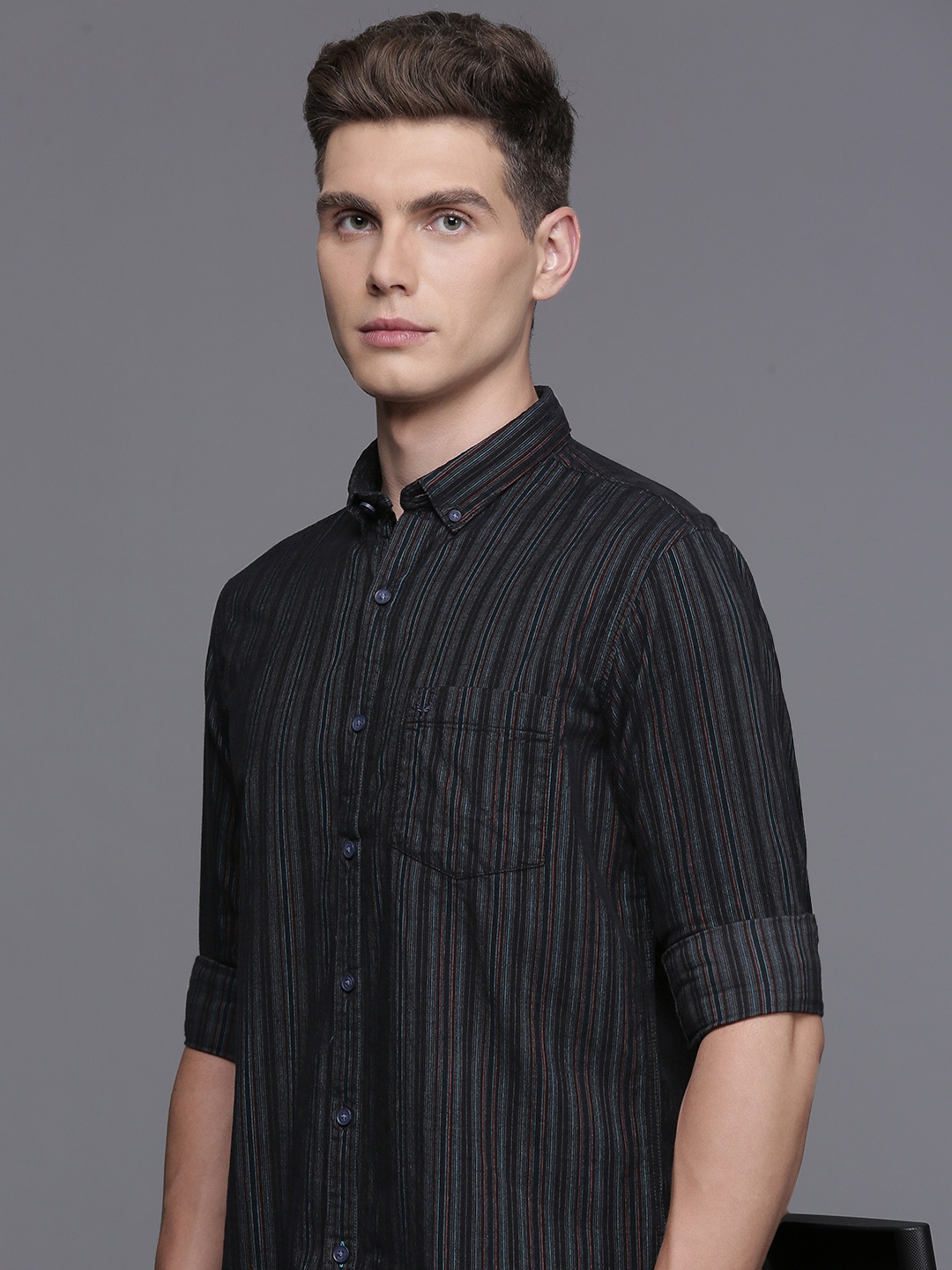 

Allen Solly Custom Fit Striped Corduroy Casual Shirt, Black