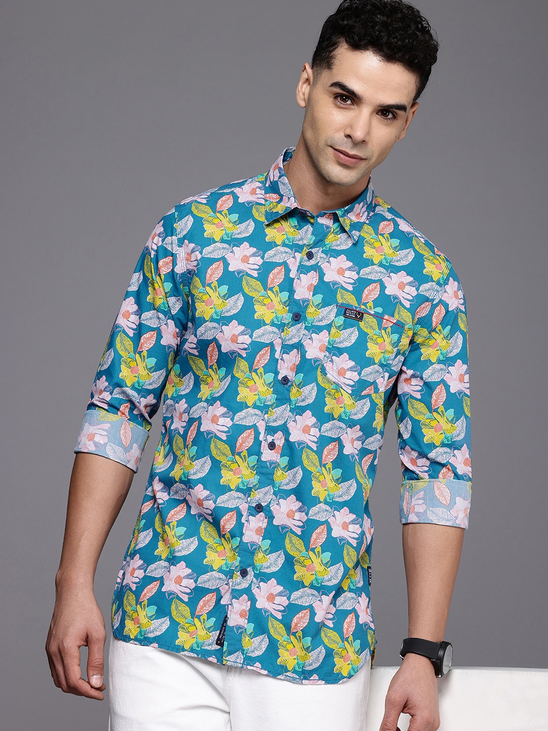 

Allen Solly Pure Cotton Custom Fit Floral Printed Casual Shirt, Teal