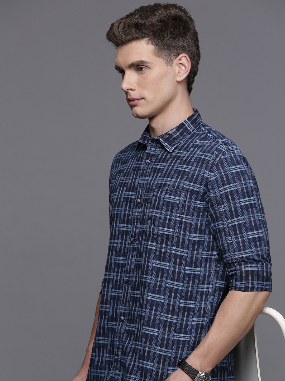 

Allen Solly Pure Cotton Custom Fit Checked Casual Shirt, Navy blue