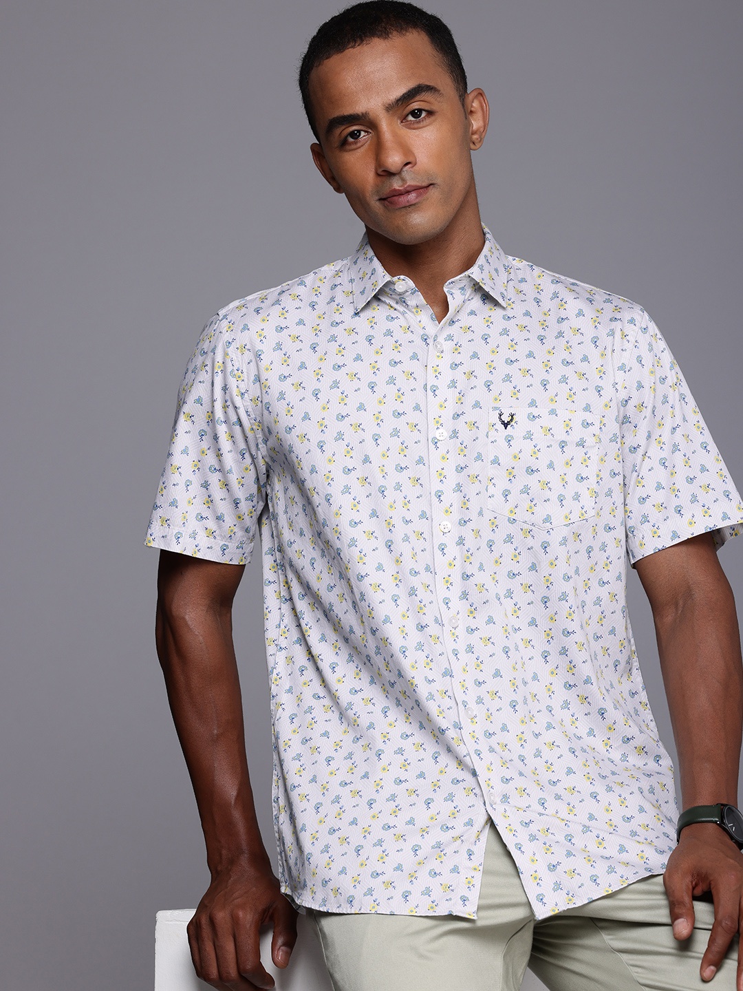 

Allen Solly Floral Printed Sport Fit Pure Cotton Casual Shirt, Grey
