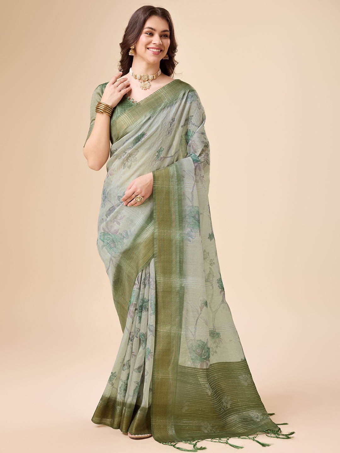 

Rekha Maniyar Floral Organza Saree, Green