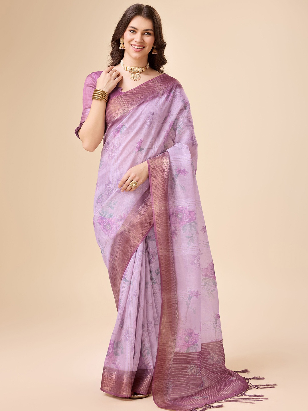 

Rekha Maniyar Floral Zari Organza Saree, Purple