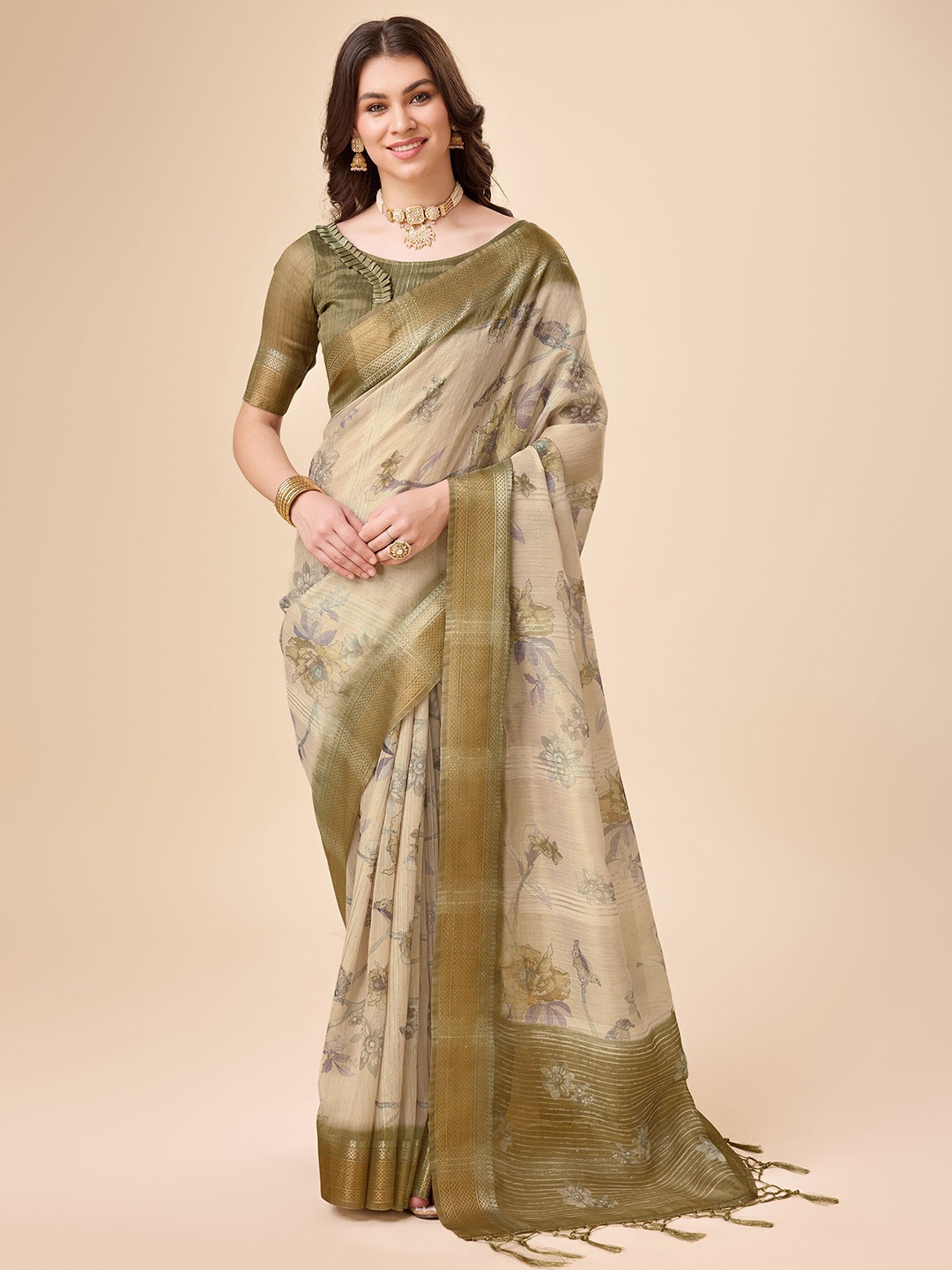 

Rekha Maniyar Floral Zari Organza Saree, Green