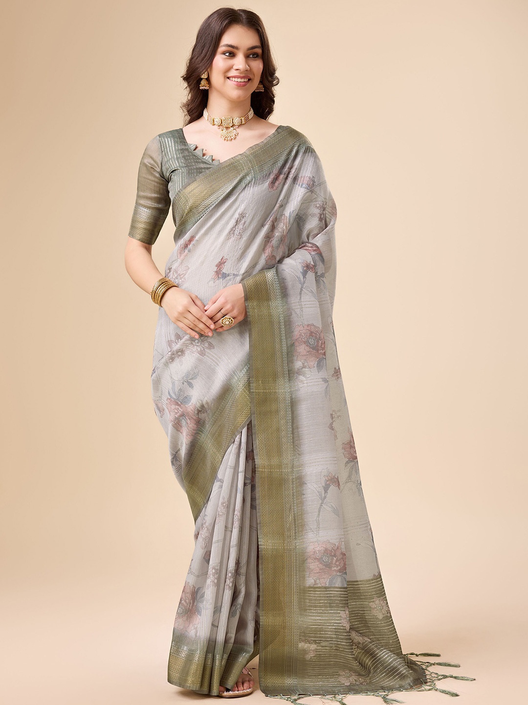 

Rekha Maniyar Floral Zari Organza Saree, Beige