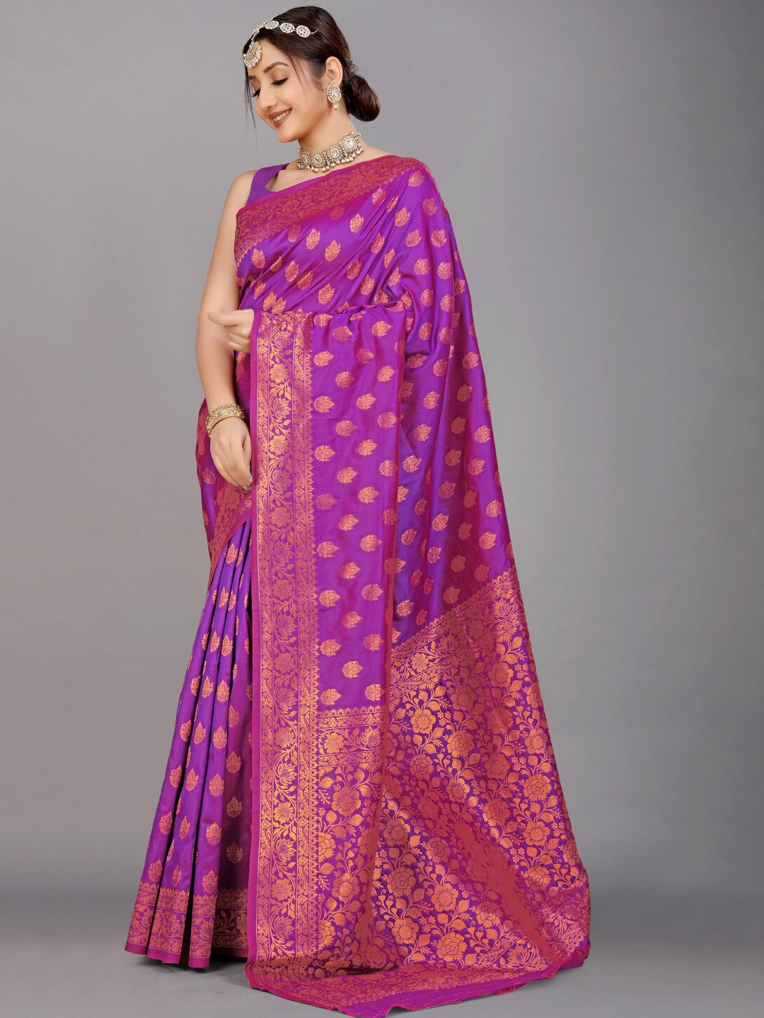 

Kandora Ethnic Motifs Woven Design Zari Pure Silk Banarasi Saree, Purple