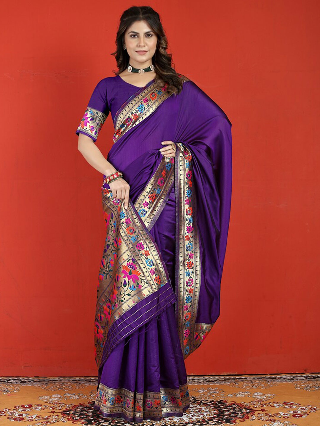 

Kandora Ethnic Motifs Woven Design Pure Silk Paithani Saree, Purple