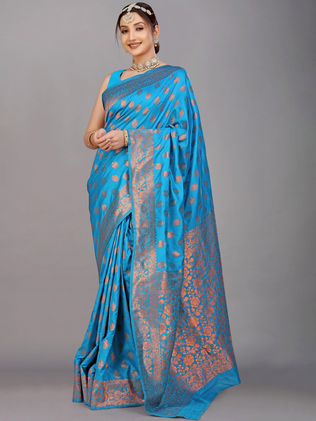 

Kandora Ethnic Motifs Zari Pure Silk Banarasi Saree, Blue