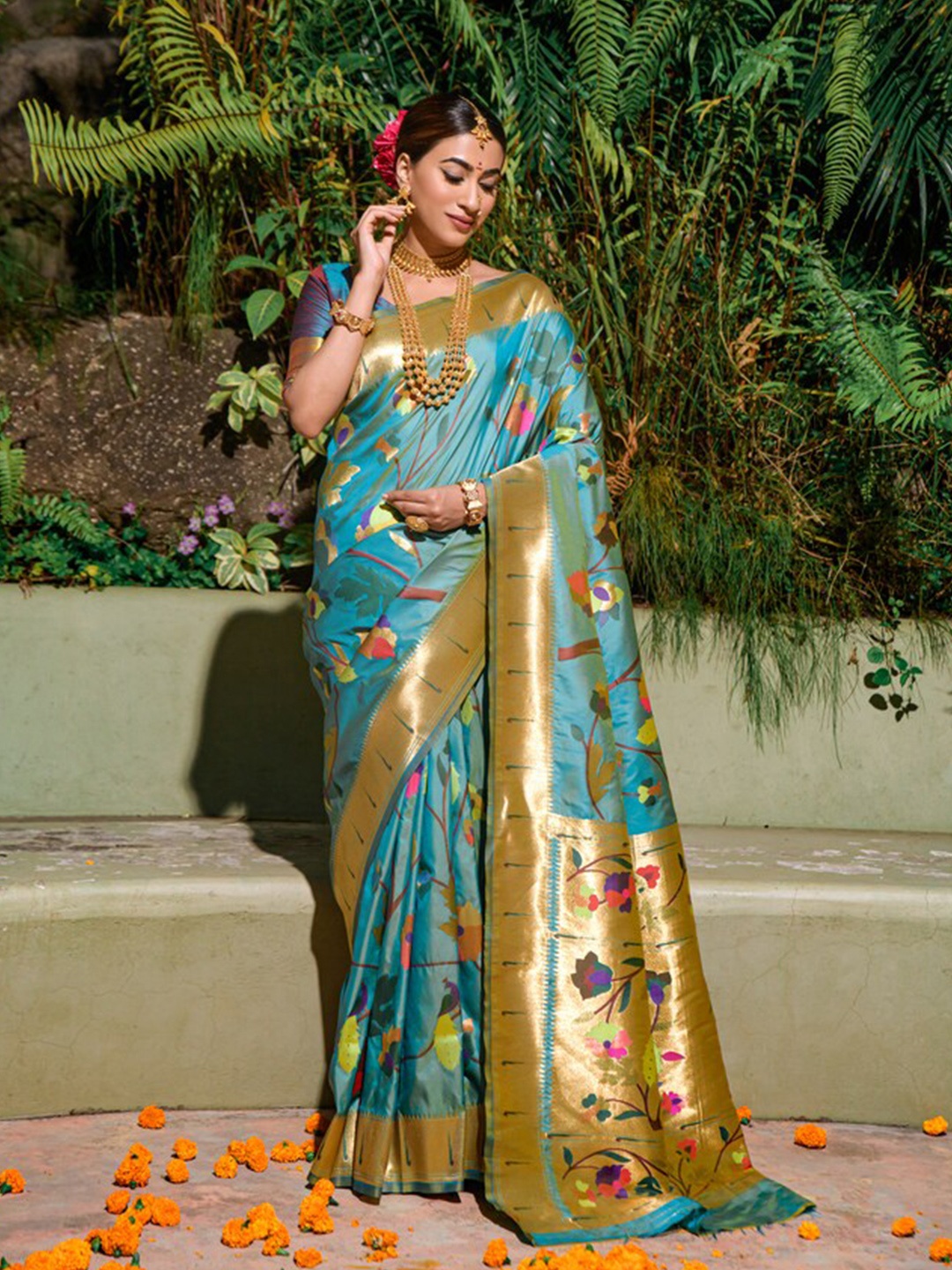 

Kandora Ethnic Motifs Zari Pure Silk Paithani Saree, Blue