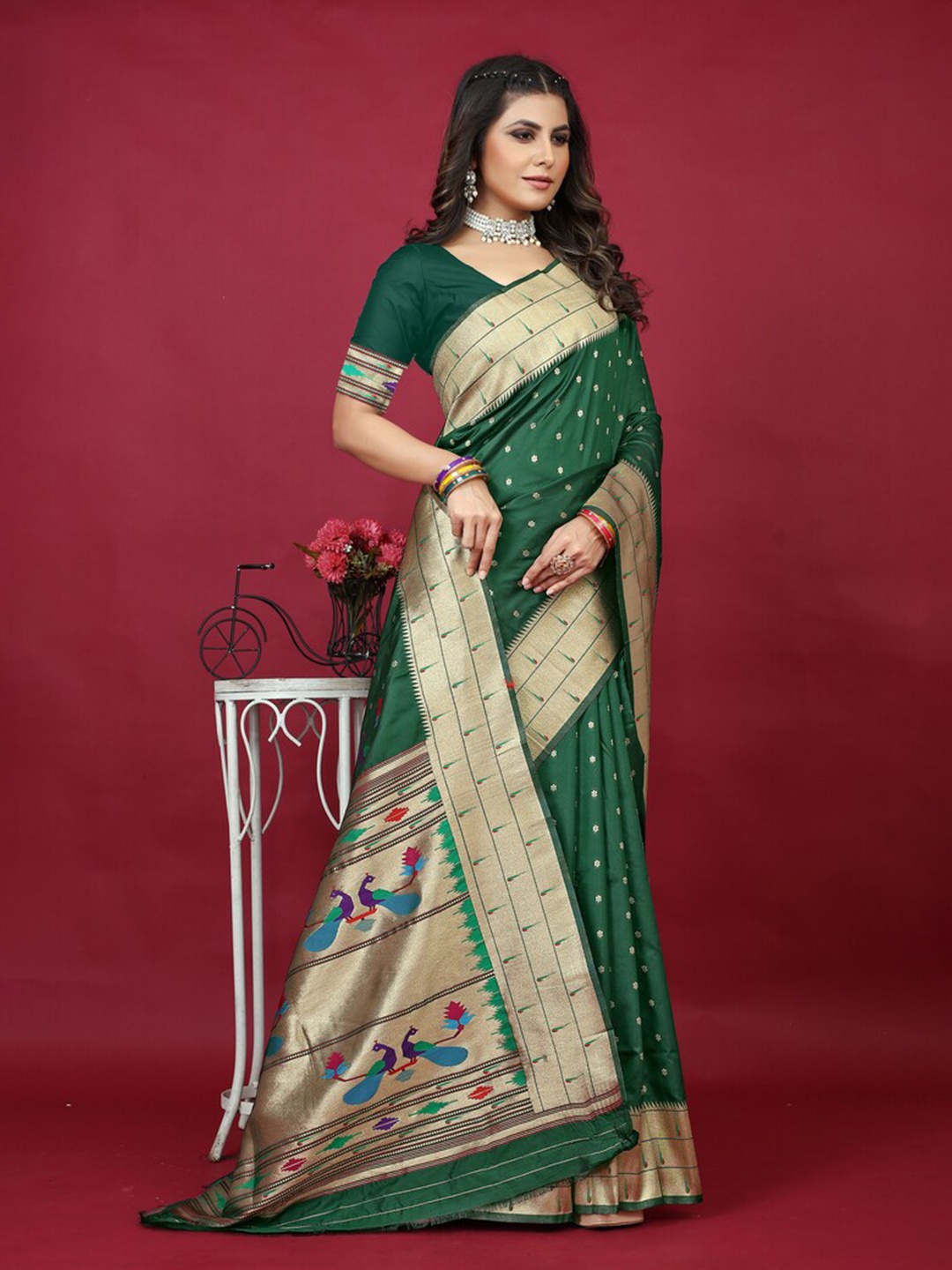 

Kandora Floral Woven Design Zari Pure Silk Paithani Saree, Olive