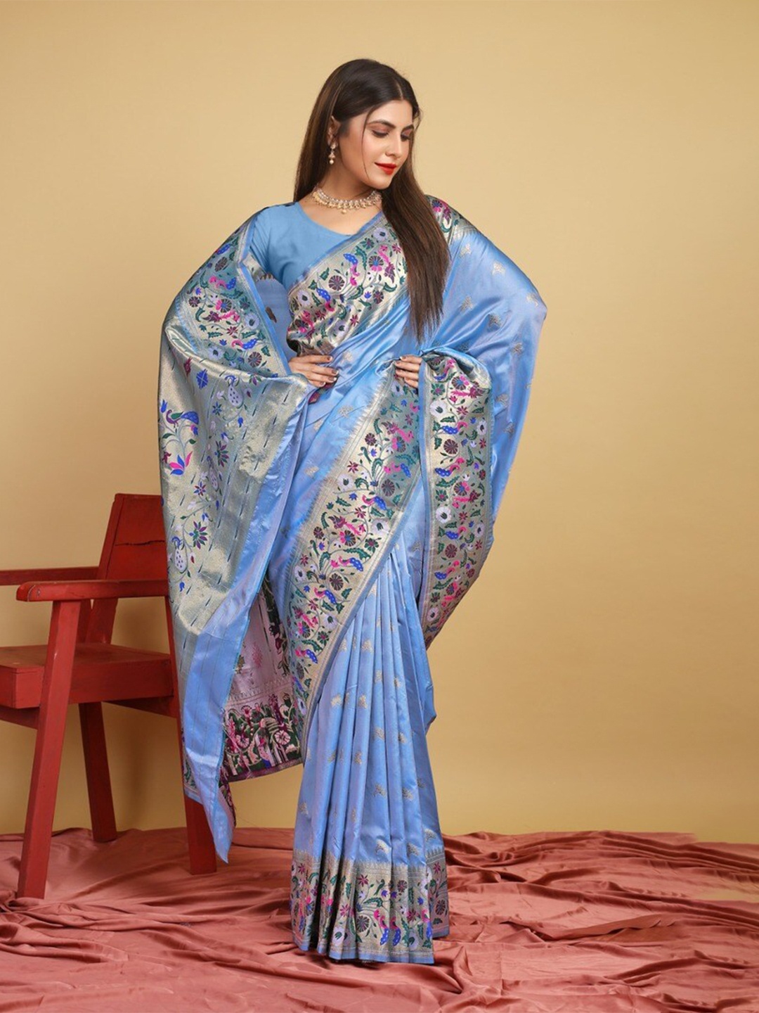 

Kandora Ethnic Motifs Woven Design Zari Pure Silk Paithani Saree, Blue