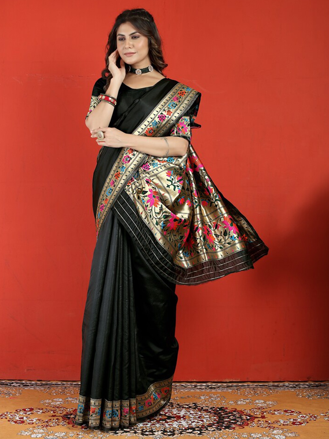 

Kandora Woven Design Zari Pure Silk Paithani Saree, Black