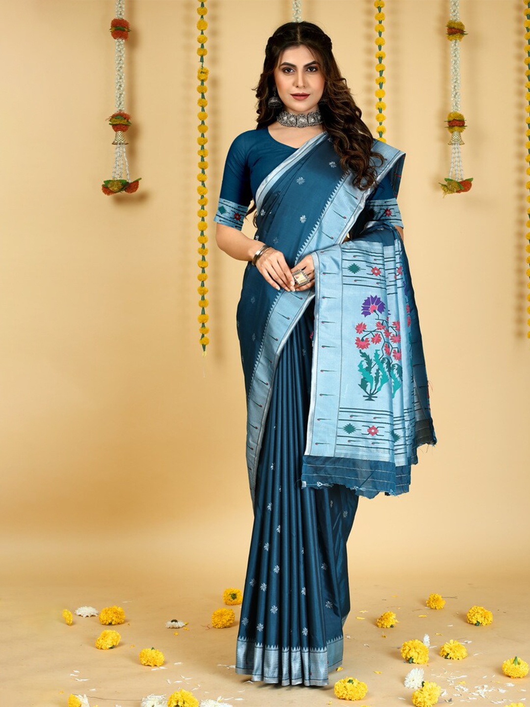 

Kandora Ethnic Motifs Woven Design Zari Pure Silk Paithani Saree, Teal
