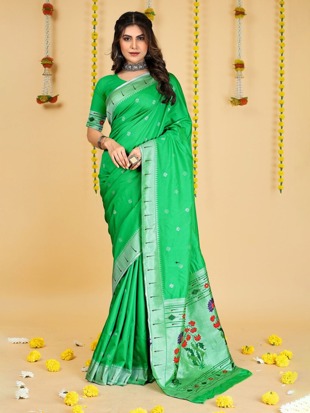 

Kandora Ethnic Motifs Woven Design Zari Pure Silk Paithani Saree, Olive