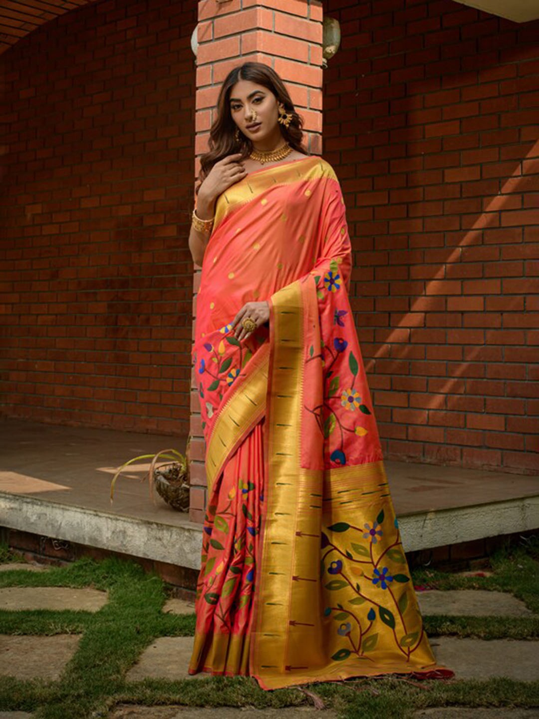 

Kandora Floral Woven Design Zari Pure Silk Paithani Saree, Orange