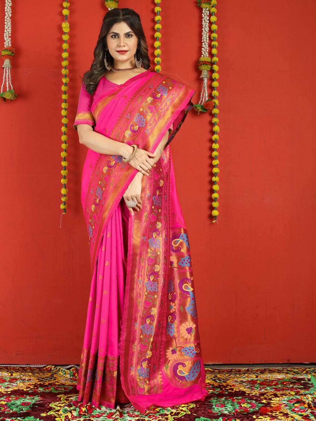 

Kandora Ethnic Motifs Woven Design Zari Pure Silk Paithani Saree, Pink