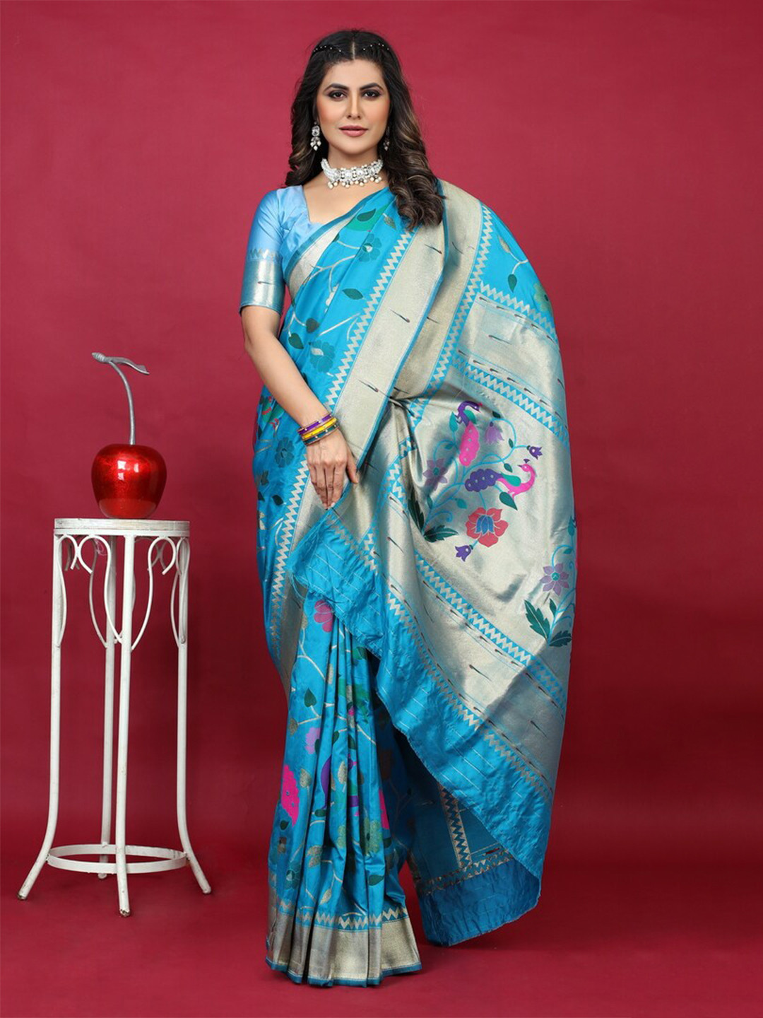 

Kandora Ethnic Motifs Woven Design Zari Pure Silk Paithani Saree, Blue