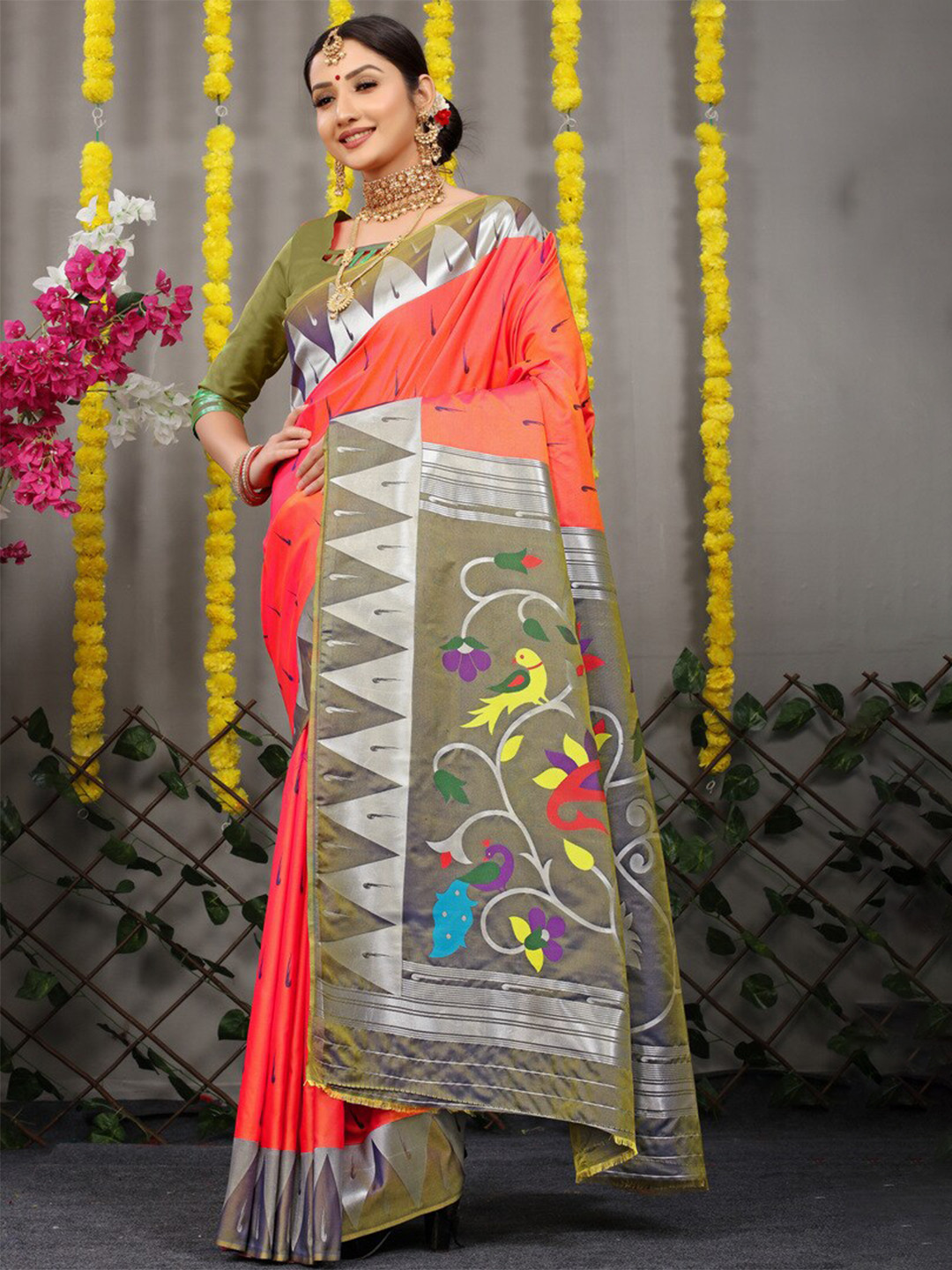 

Kandora Woven Design Pure Silk Paithani Saree, Orange