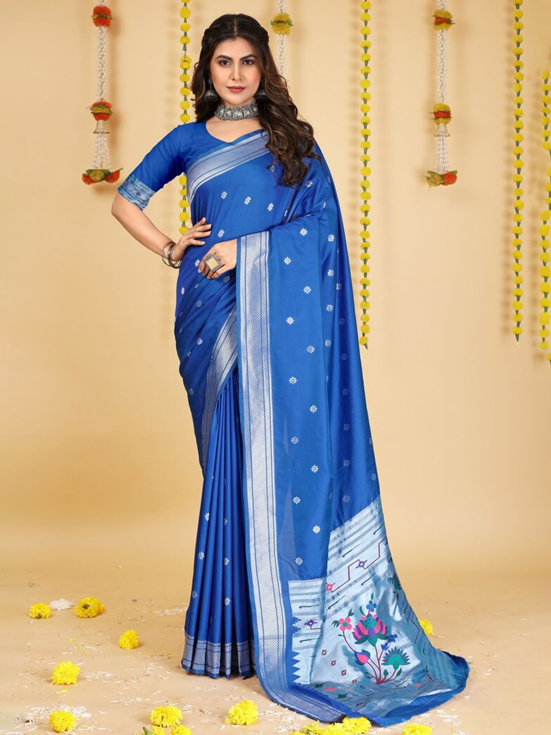 

Kandora Ethnic Motifs Woven Design Zari Pure Silk Paithani Saree, Blue