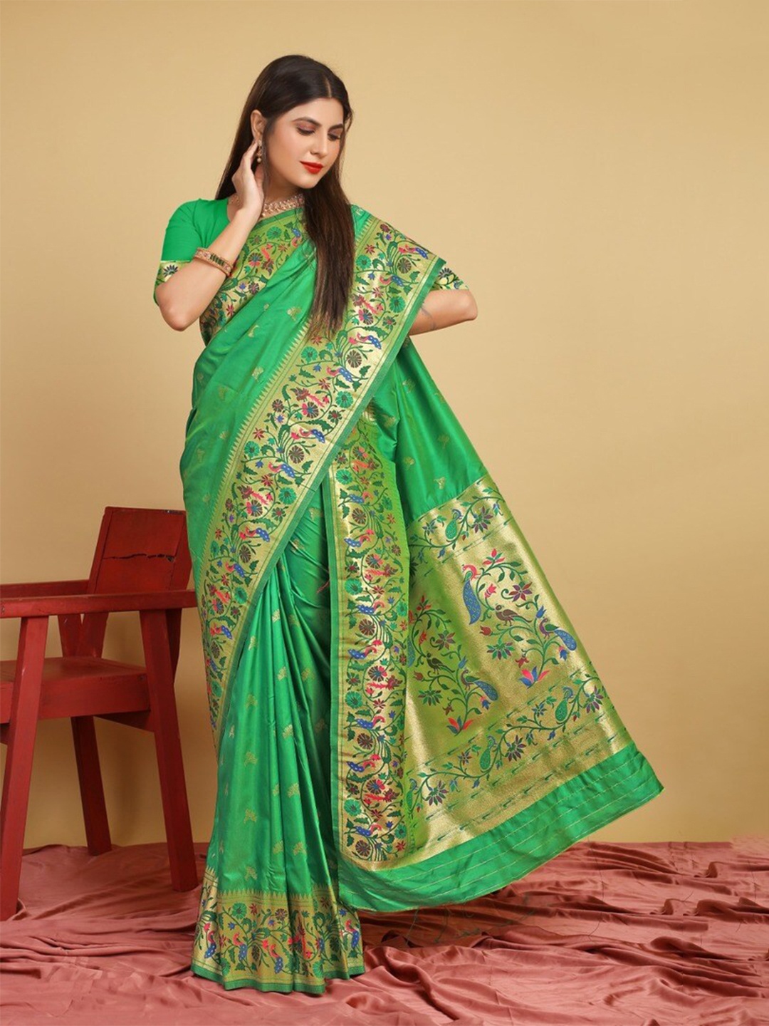 

Kandora Ethnic Motifs Woven Design Pure Silk Paithani Saree, Green