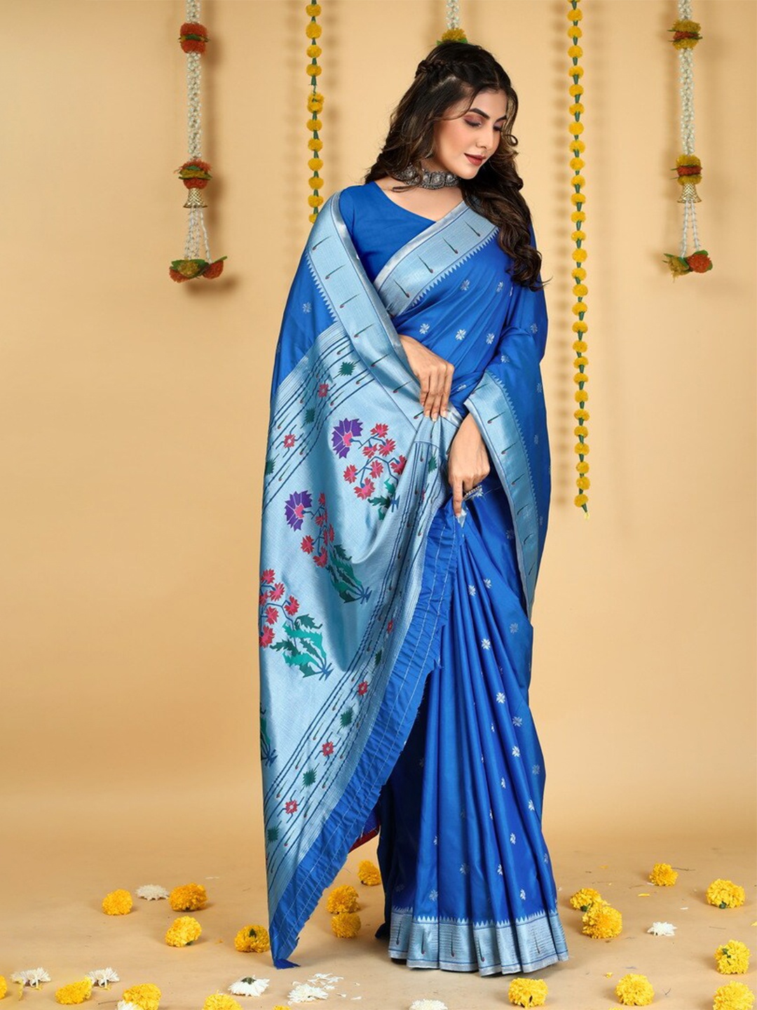 

Kandora Ethnic Motifs Woven Design Zari Pure Silk Paithani Saree, Blue