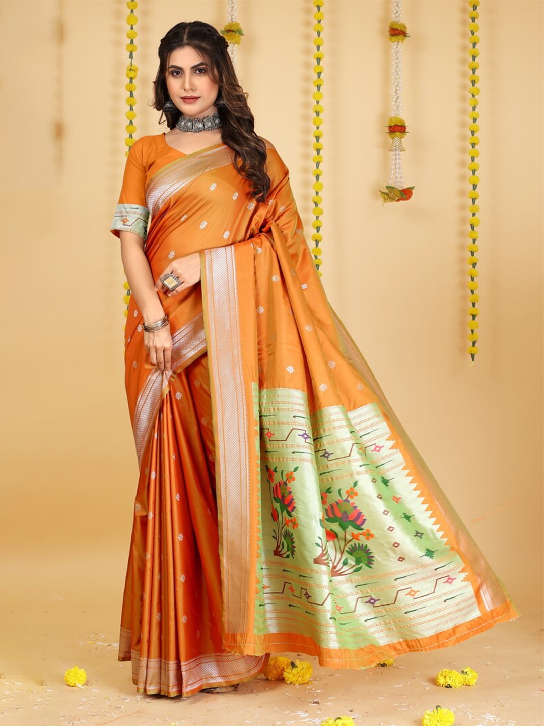 

Kandora Ethnic Motifs Woven Design Zari Pure Silk Paithani Saree, Orange