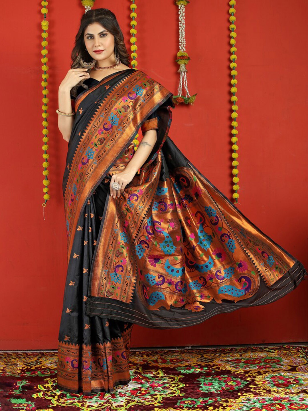 

Kandora Ethnic Motifs Woven Design Zari Pure Silk Paithani Saree, Black