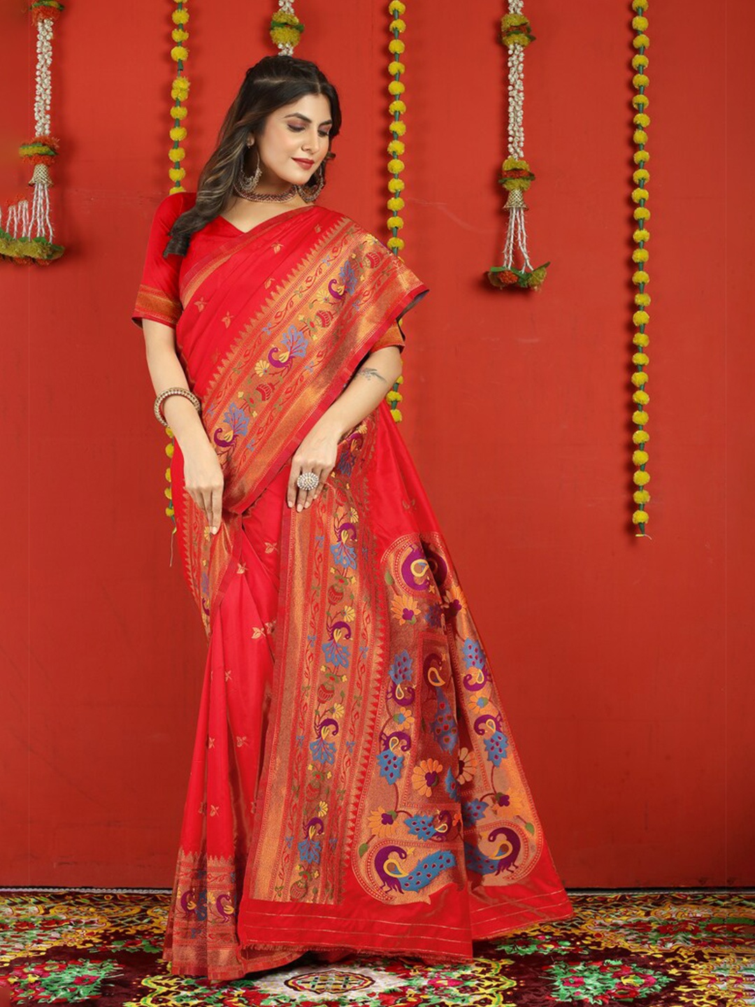 

Kandora Ethnic Motifs Woven Design Pure Silk Paithani Saree, Red