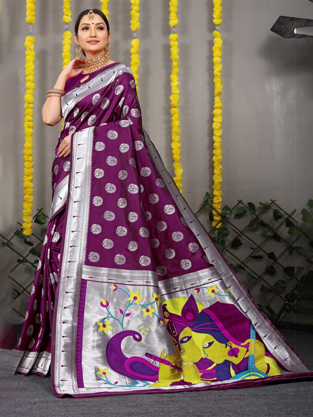 

Kandora Woven Design Zari Pure Silk Paithani Saree, Purple