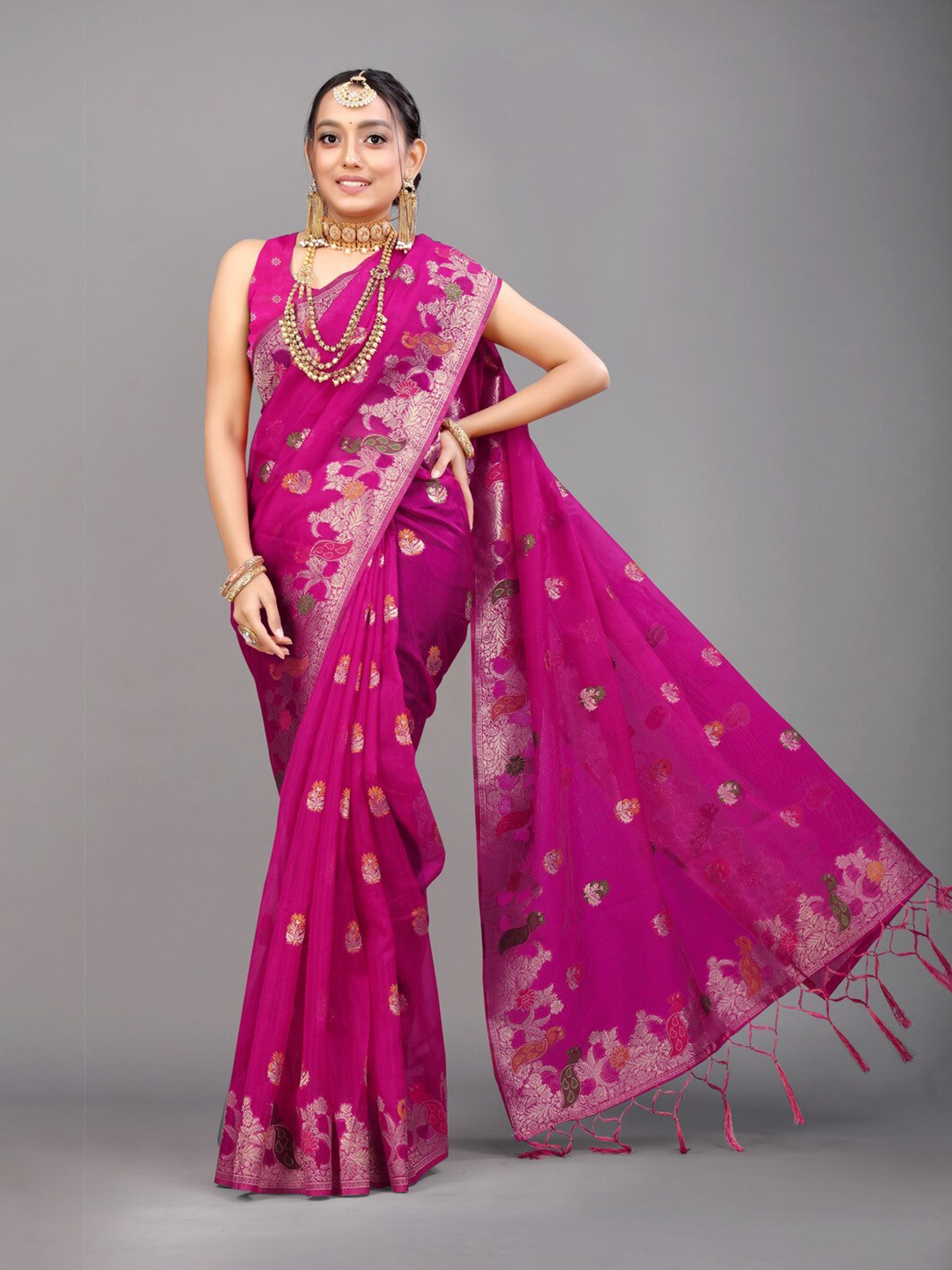 

Kandora Floral Woven Design Zari Pure Silk Banarasi Saree, Pink