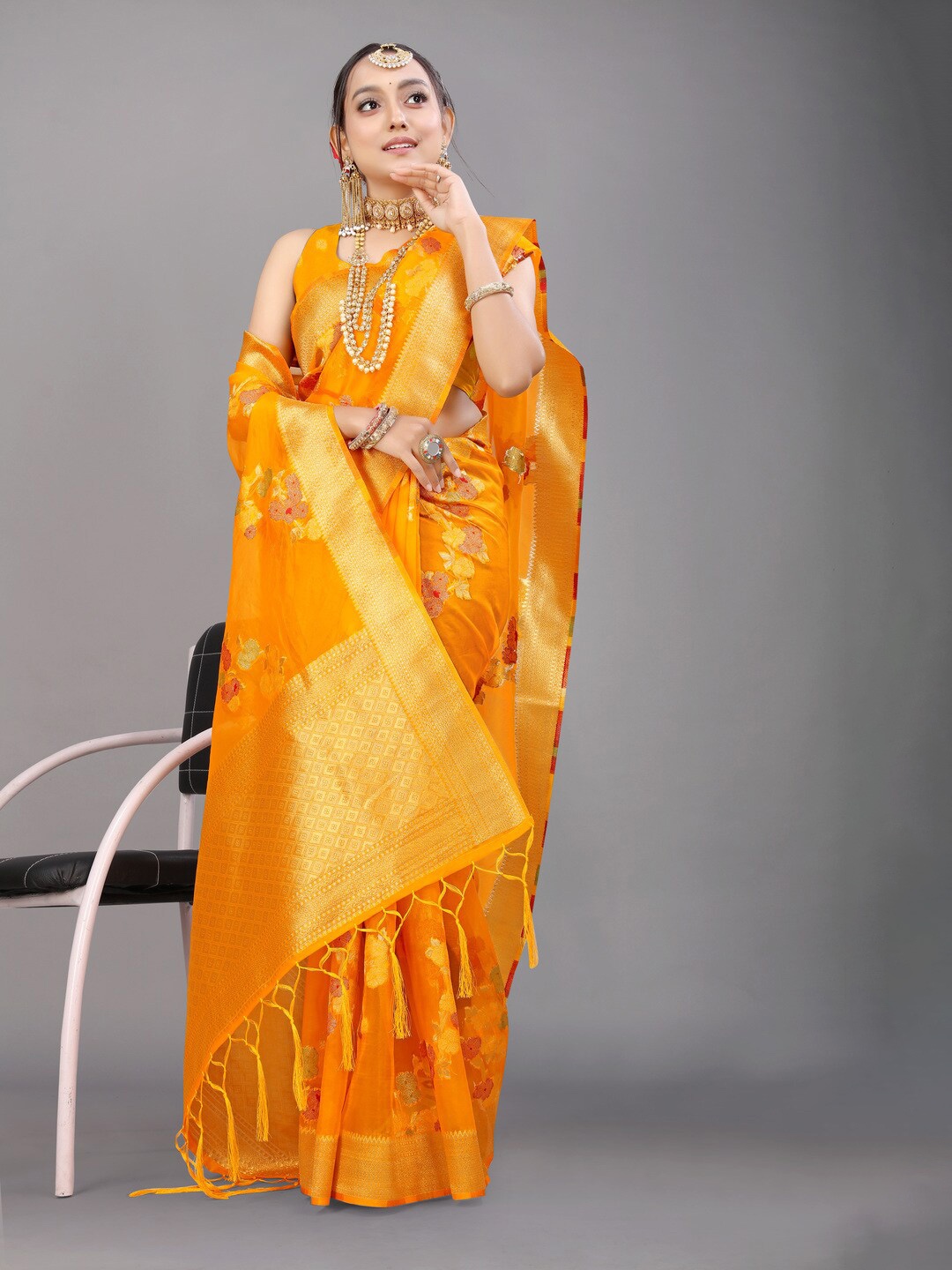 

Kandora Ethnic Motif Woven Design Zari Pure Silk Banarasi Saree, Orange