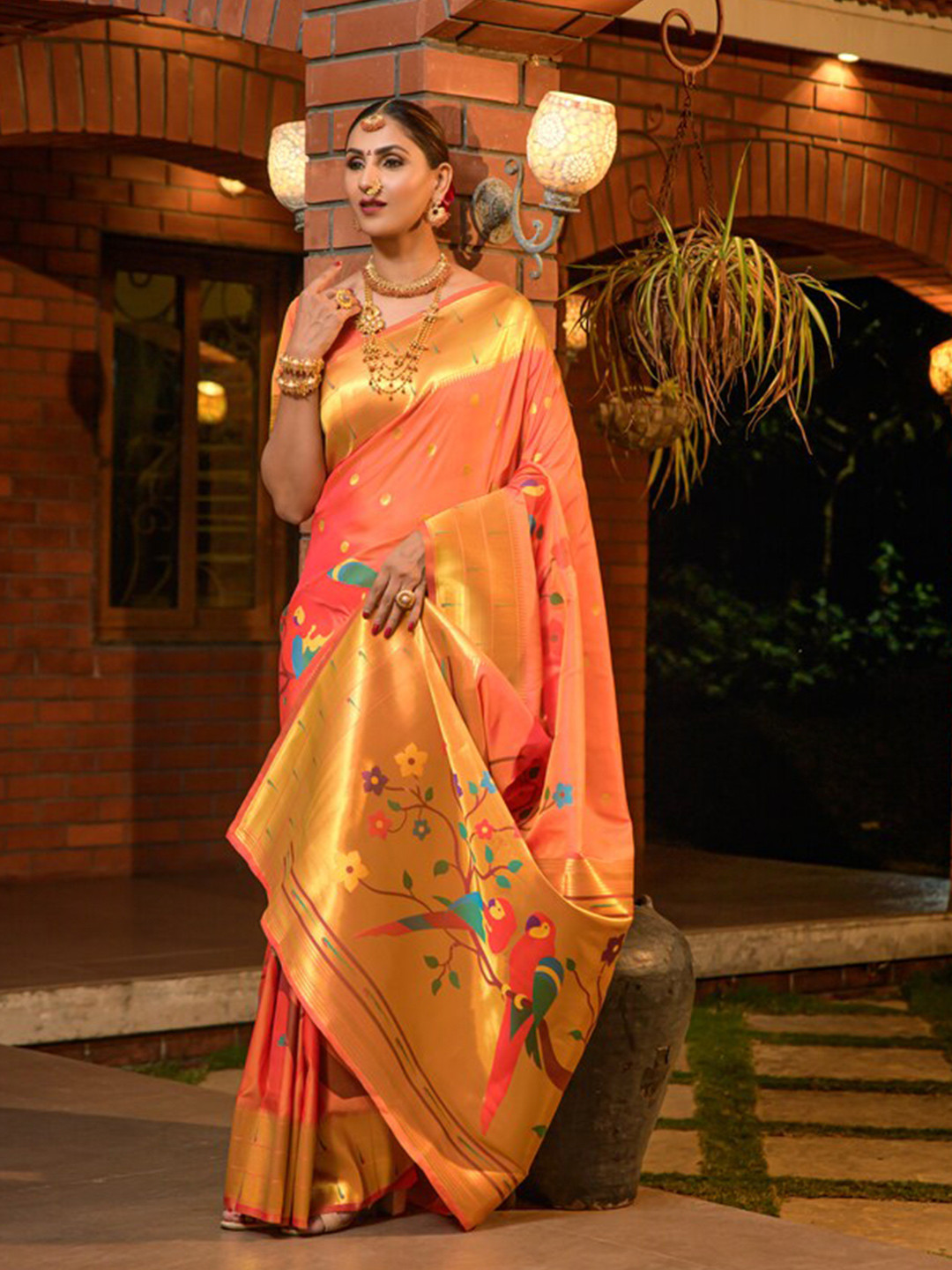 

Kandora Woven Design Zari Pure Silk Paithani Saree, Orange