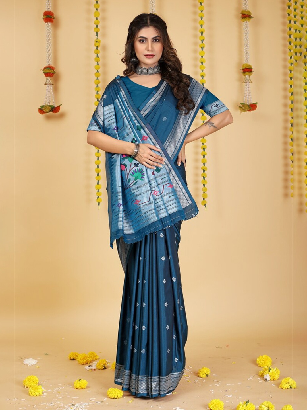 

Kandora Floral Woven Design Zari Pure Silk Paithani Saree, Teal