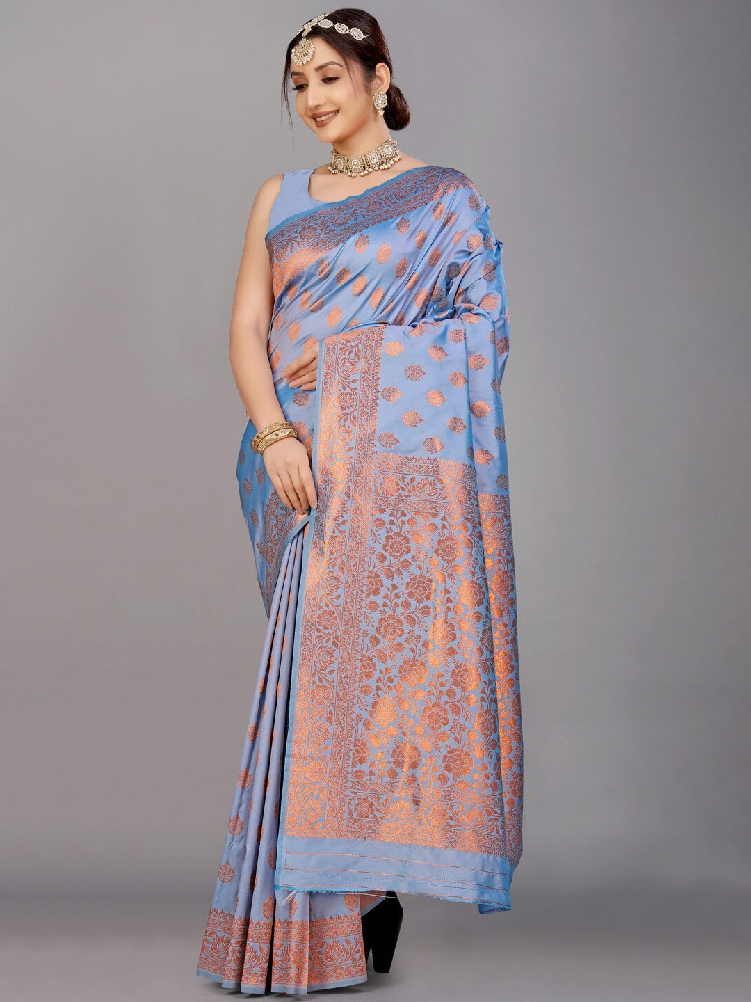 

Kandora Ethnic Motifs Woven Design Zari Pure Silk Banarasi Saree, Grey