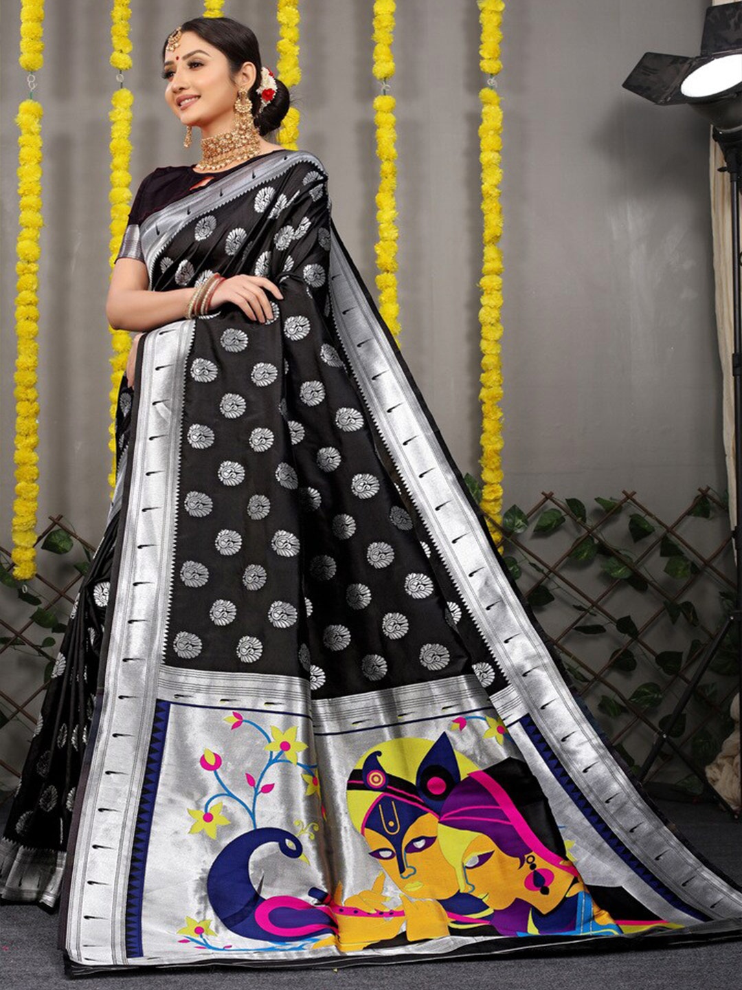 

Kandora Ethnic Motifs Woven Design Zari Pure Silk Paithani Saree, Black