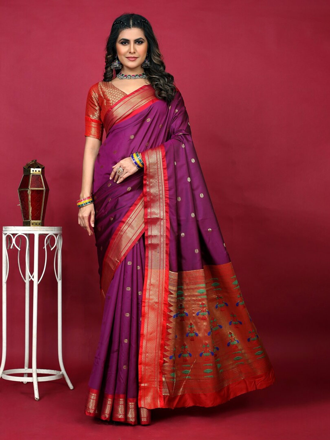 

Kandora Ethnic Motifs Woven Design Zari Pure Silk Paithani Saree, Purple