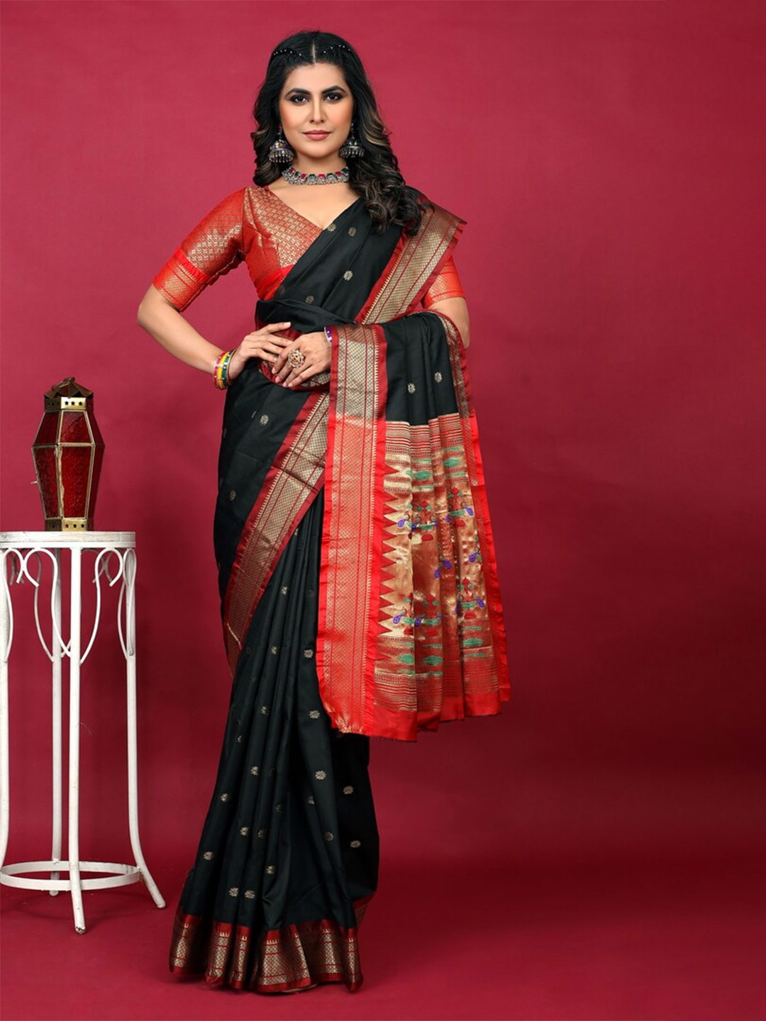 

Kandora Ethnic Motifs Woven Design Zari Pure Silk Paithani Saree, Black